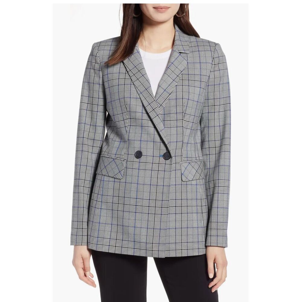 Plaid Blazer Women's Double‎ Breasted Checkered Career Jacket Gray Blue